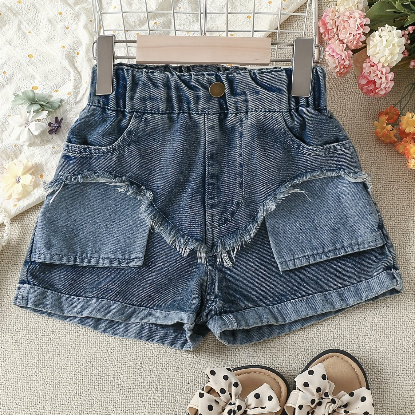 Girls Asymmetrical Denim Shorts with Raw Trim and Pockets