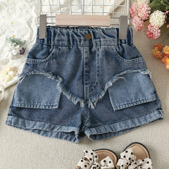 Girls Asymmetrical Denim Shorts with Raw Trim and Pockets