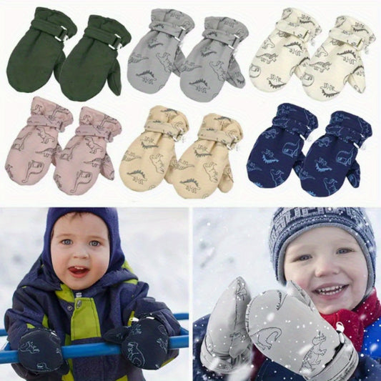 Kids Winter Plush Warm Skiing Mittens Dinosaur Print