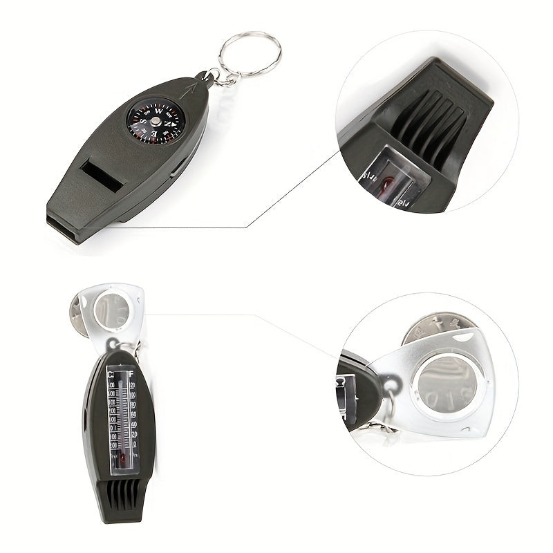 4 in 1 Outdoor Tool Camping Hiking Fishing Compass Whistle Thermometer Magnifier