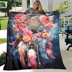 Flower Print Dream Catcher Blanket Cozy Flannel Throw for Home Office Couch