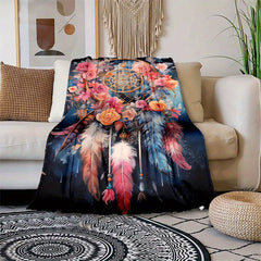 Flower Print Dream Catcher Blanket Cozy Flannel Throw for Home Office Couch