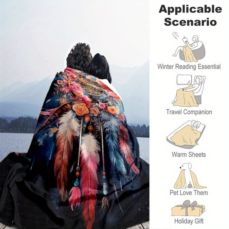Flower Print Dream Catcher Blanket Cozy Flannel Throw for Home Office Couch