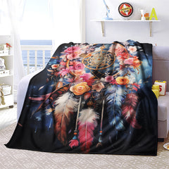 Flower Print Dream Catcher Blanket Cozy Flannel Throw for Home Office Couch