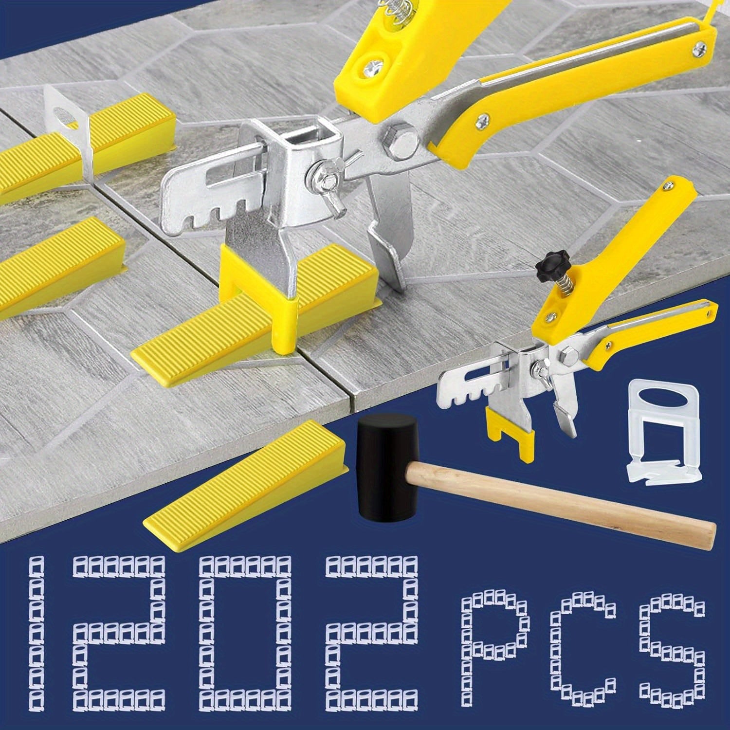 Tile Leveling System - 1202pcs with Plier, Mallet, Spacers, Clips and Wedges