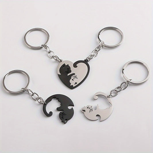 Heart Shaped Cat Keychain for Couples Cartoon Design