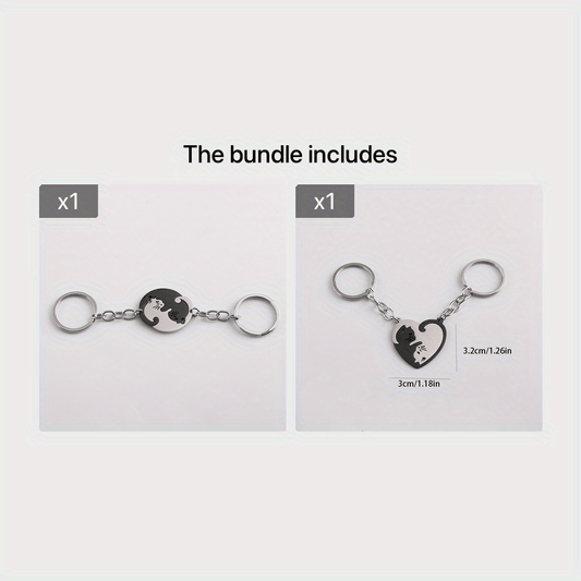 Heart Shaped Cat Keychain for Couples Cartoon Design