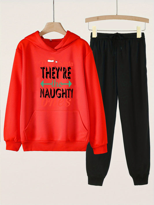 2pcs Naughty Letters Graphic Hoodies With Pocket Jogger Pants Set For Girls
