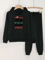 2pcs Naughty Letters Graphic Hoodies With Pocket Jogger Pants Set For Girls