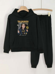 2pcs Girl's Photo Graphic Hoodies Set With Jogger Pants