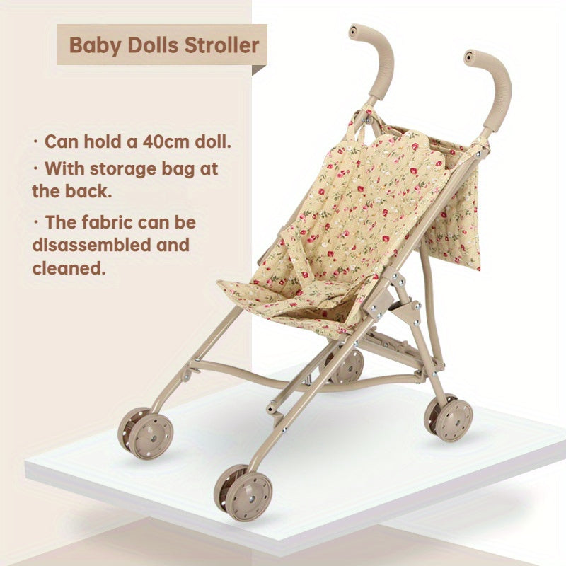 Yellow Doll Stroller with Storage Bag - Foldable Iron Construction Toy