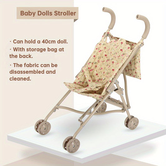 Yellow Doll Stroller with Storage Bag - Foldable Iron Construction Toy