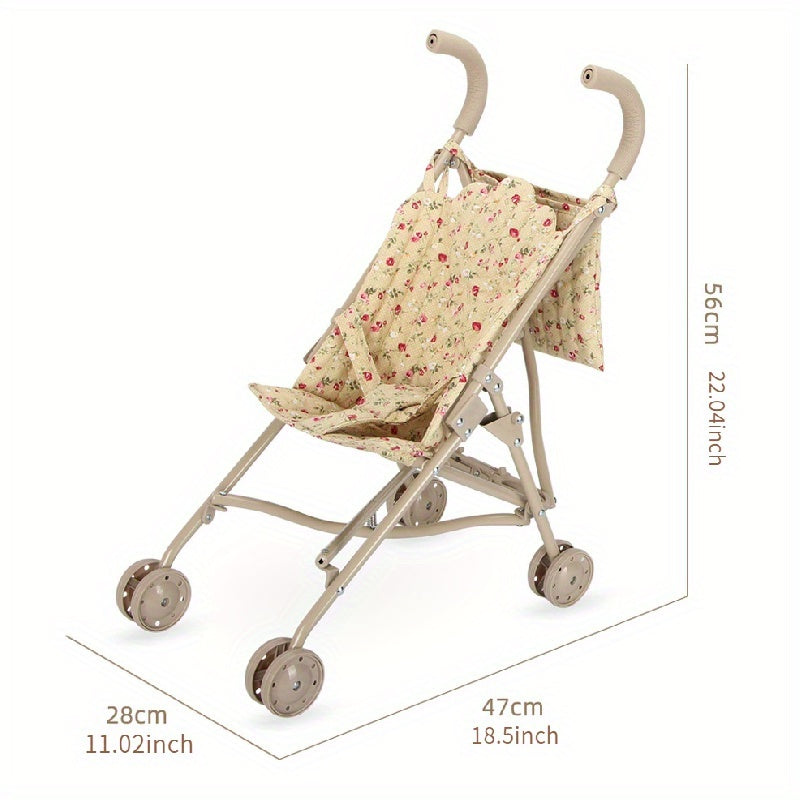Yellow Doll Stroller with Storage Bag - Foldable Iron Construction Toy