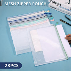 28pcs A4 Mesh Zipper Pouch Waterproof Document Bag
