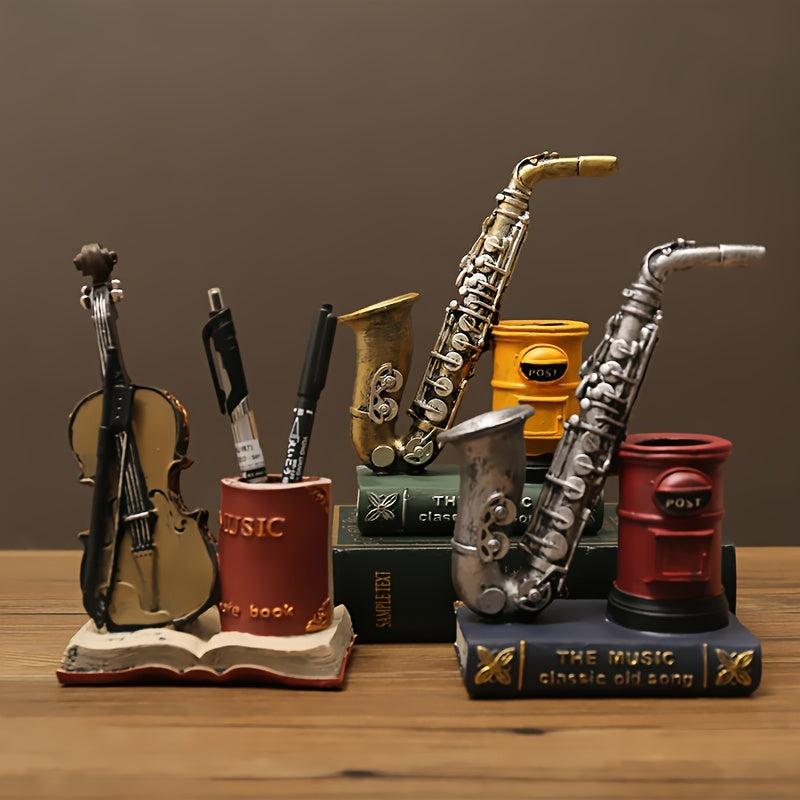 Vintage Saxophone Violin Book Resin Pen Holder Adornment