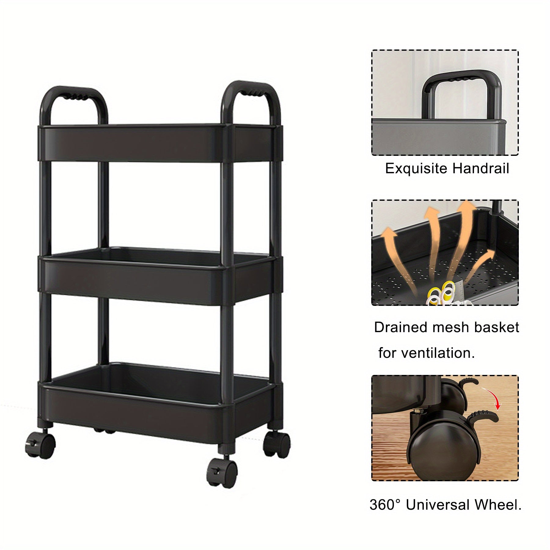 3-Layer Stroller Shelf Casters Armrest Floor Mounted Toilet Storage Rack