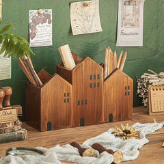 Pine Solid Wood Retro Pen Holder Desk Decoration