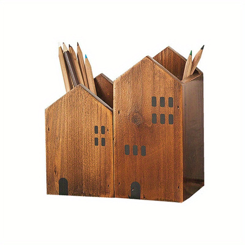 Pine Solid Wood Retro Pen Holder Desk Decoration