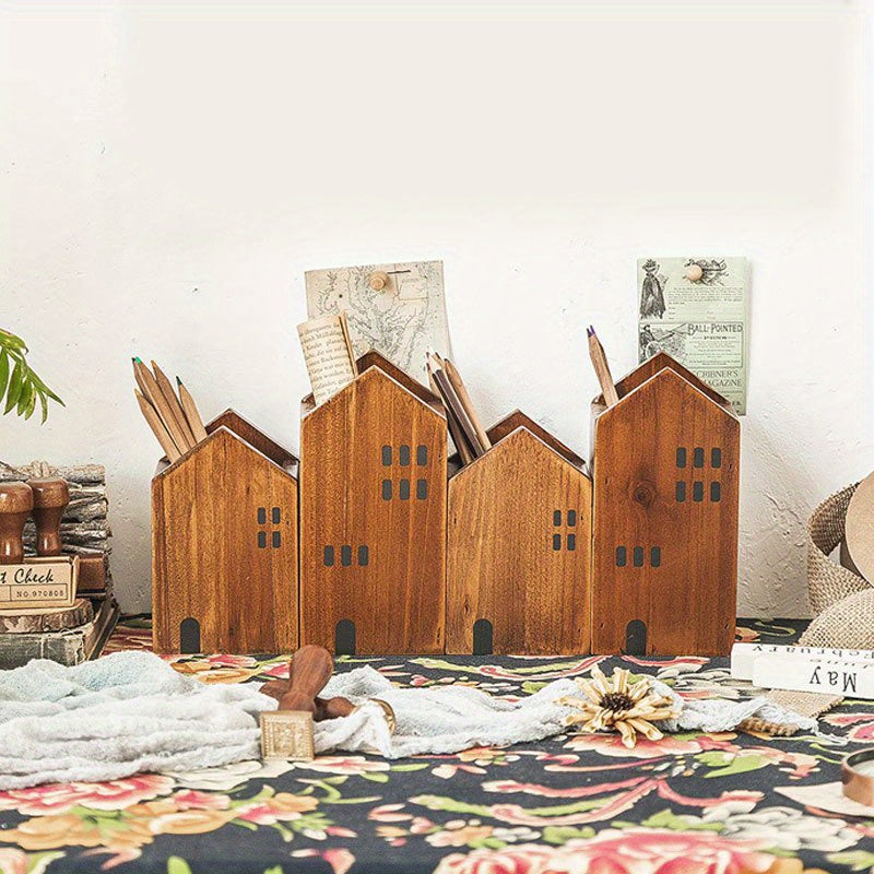 Pine Solid Wood Retro Pen Holder Desk Decoration