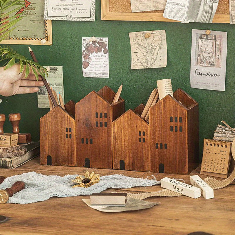 Pine Solid Wood Retro Pen Holder Desk Decoration