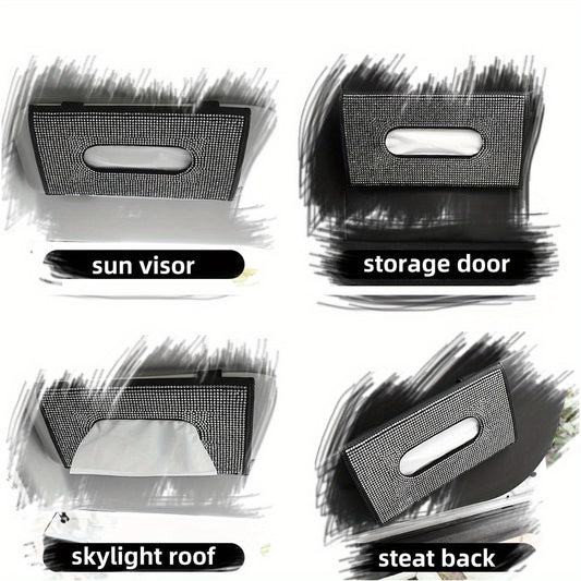 PU Leather Car Tissue Box w/ Diamond Decor Hanging Car Draw Paper Box