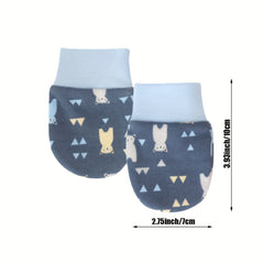 Baby Boys Casual Cartoon Pattern Cap With Bear Ear Decor & Mittens Set