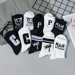 10 Pairs Men's Smiling Face Printed Crew Socks for Spring Summer Basketball