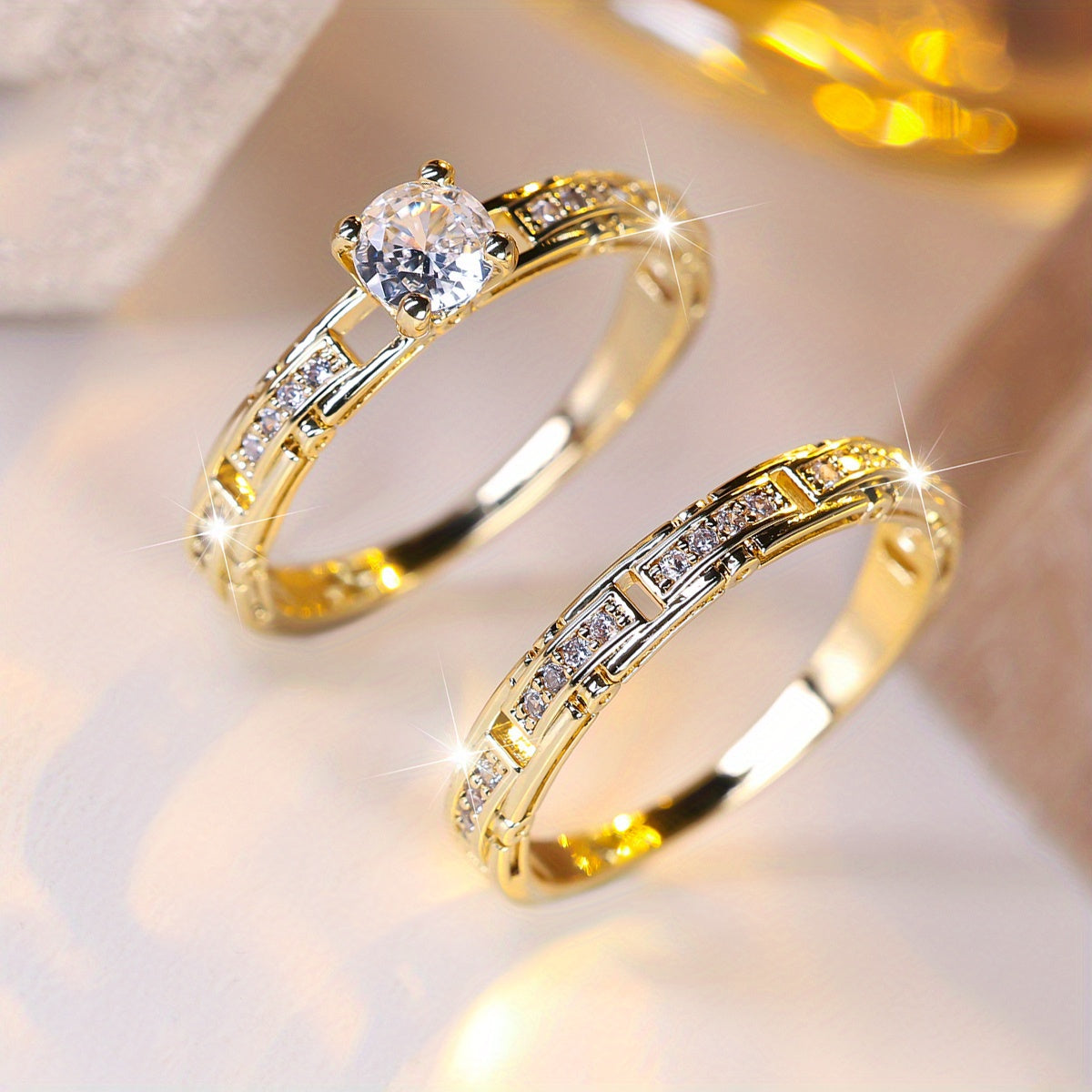 2pcs CZ Hollow Rings Set Men's Wedding Gorgeous Couple Ring Jewelry