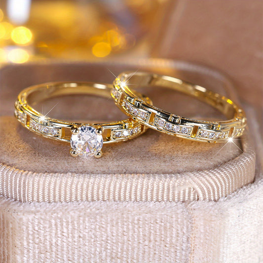 2pcs CZ Hollow Rings Set Men's Wedding Gorgeous Couple Ring Jewelry