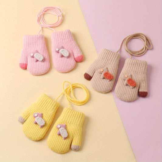 Kids Cartoon Gloves Winter Warm with Neck Hanging Rope