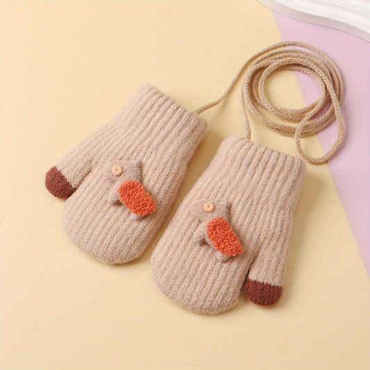 Cartoon Winter Gloves For Baby Girls Velvet Warm Hanging Neck Cold Gloves
