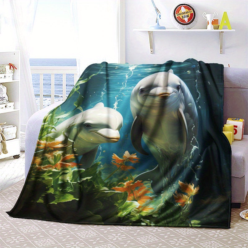 Cozy Dolphins Print Blanket Lightweight Flannel Throw Sofa Bed Living Room