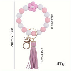 Silicone Floral Beaded Tassel Keychain Bracelet for Car Backpacks