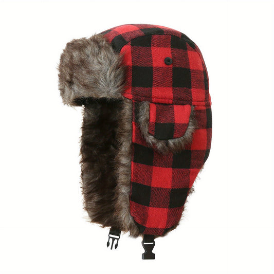 Two Tone Plaid Trapper Cap Autumn Winter Hat Ear Protection Windproof Warm