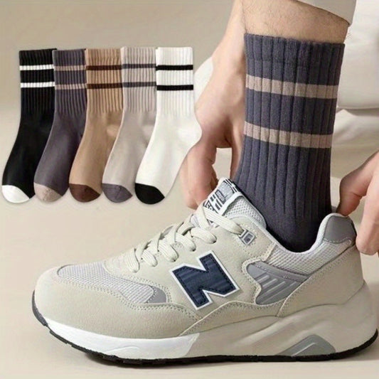 Men's Solid Striped Crew Socks Breathable Comfy Casual Unisex Socks
