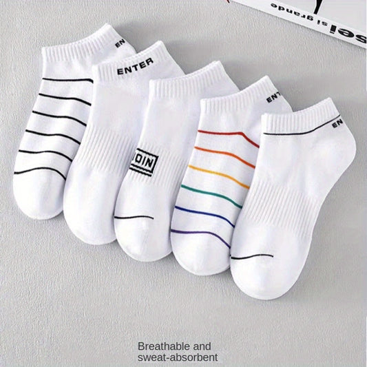5 Pairs Teen's Striped Solid Ankle Socks Breathable Casual Soft Socks