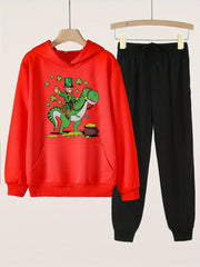 Clover Dino 2pcs Sets Girls Hoodies Jogger Pants Set Spring Fall Sports Gift