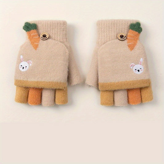 Kids' Cartoon Fingerless Gloves, Warm Knitted Half Finger Flip Mittens