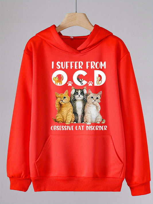 Cartoon Cat & Creative Words Print Hoodies Comfy Casual Hooded Sweatshirt