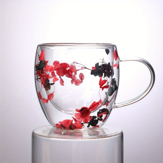 250ml Real Flower Double Layer Glass Cup with Handle