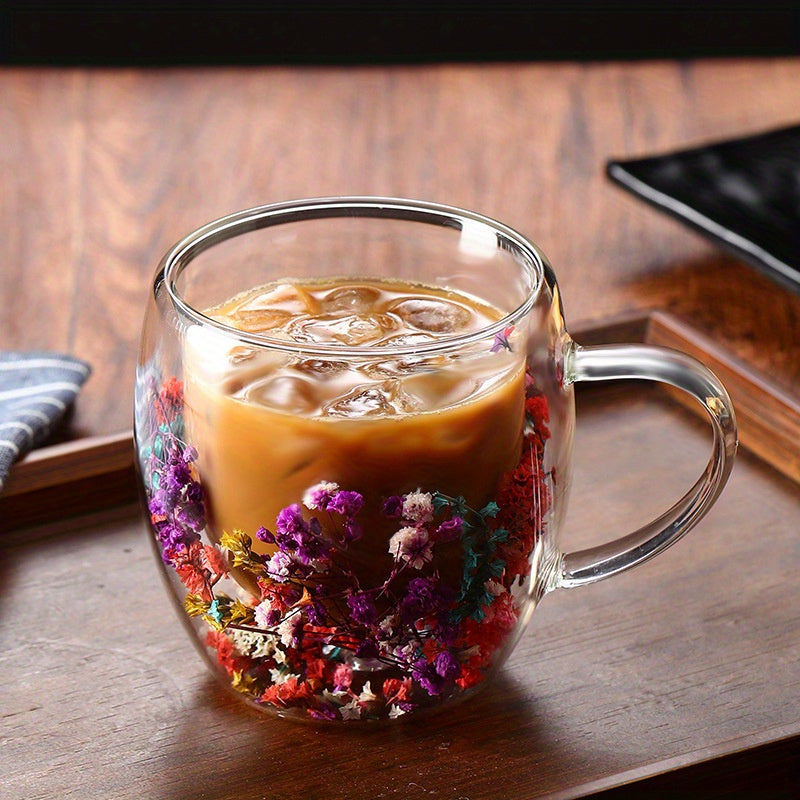 250ml Real Flower Double Layer Glass Cup with Handle