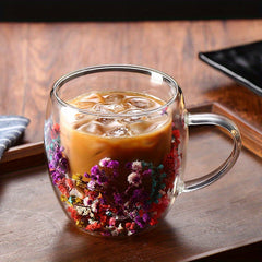 250ml Real Flower Double Layer Glass Cup with Handle
