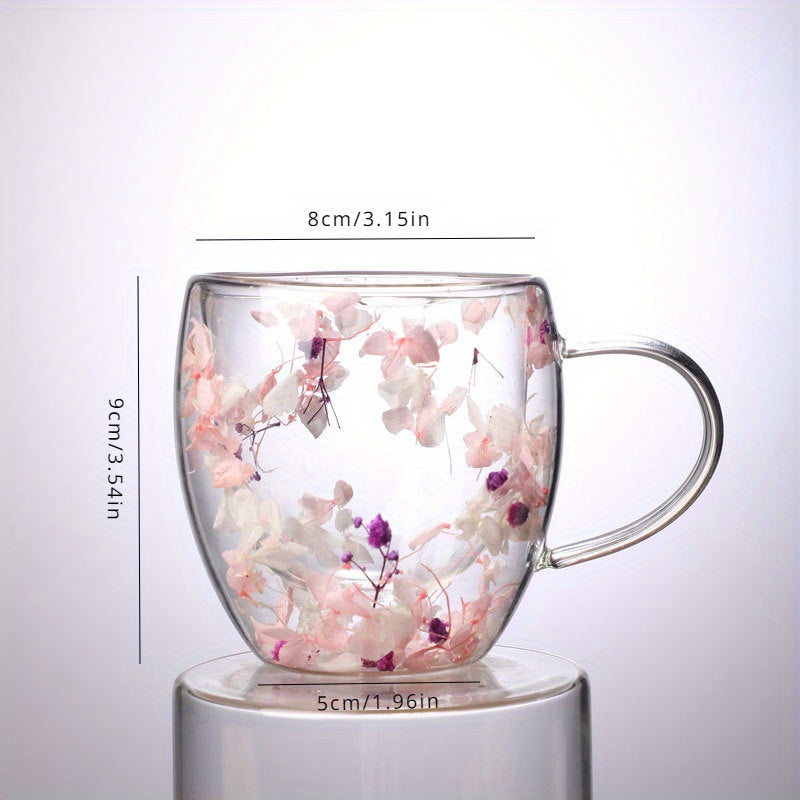 250ml Real Flower Double Layer Glass Cup with Handle