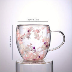 250ml Real Flower Double Layer Glass Cup with Handle