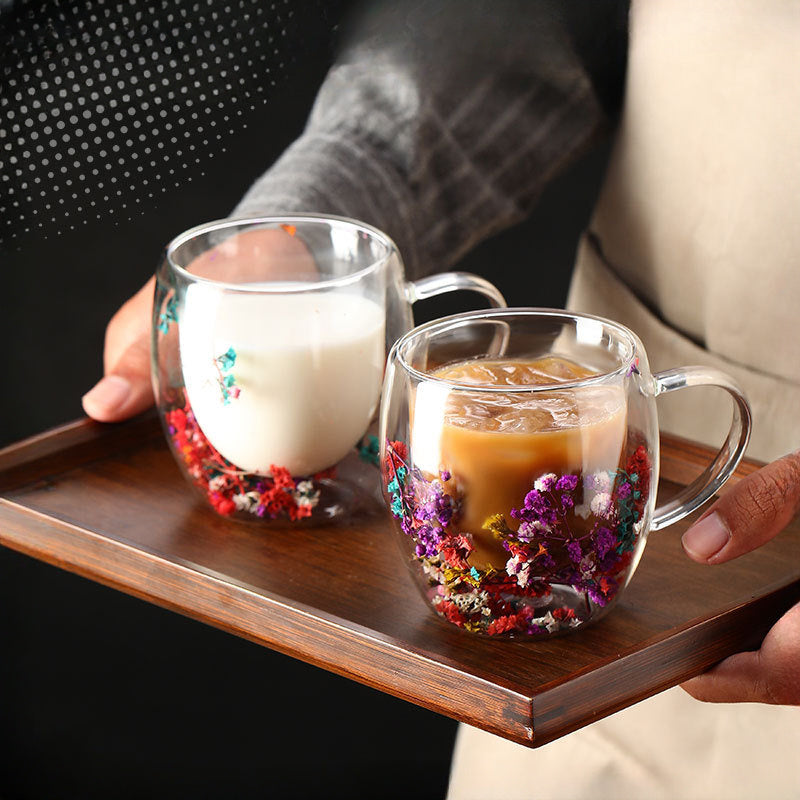 250ml Real Flower Double Layer Glass Cup with Handle