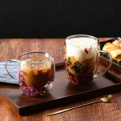 250ml Real Flower Double Layer Glass Cup with Handle