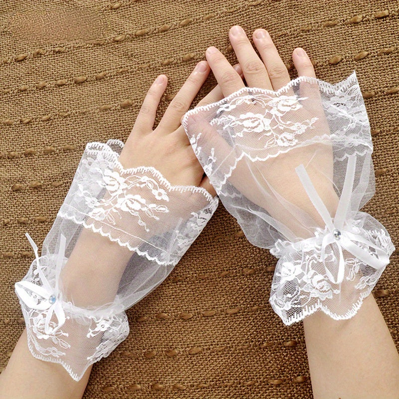Vintage Short Mesh Gloves Bridal Bridesmaid Lace Sleeve