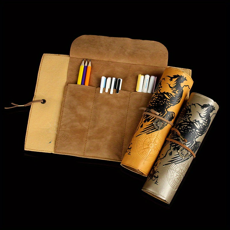 Vintage Faux Leather Pencil Case, Large Capacity