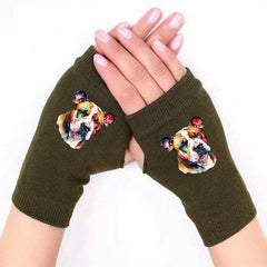 Retro Dog Head Knitted Fingerless Gloves Winter Cold Proof