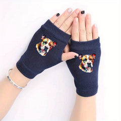 Retro Dog Head Knitted Fingerless Gloves Winter Cold Proof